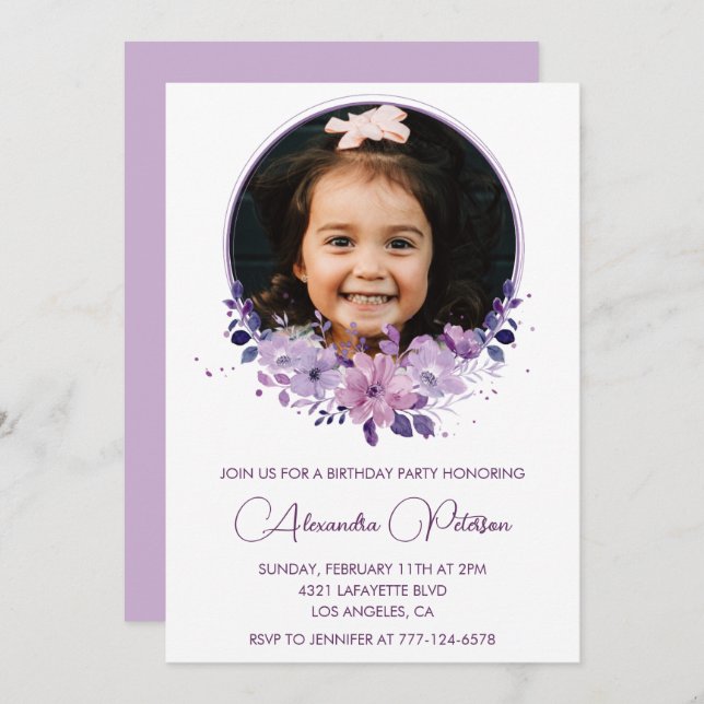 Elegante invitación para el 7° cumpleaños Foto Ele (Anverso / Reverso)