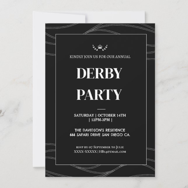 Elegante invitación para fiesta de Kentucky Derby  (Anverso)