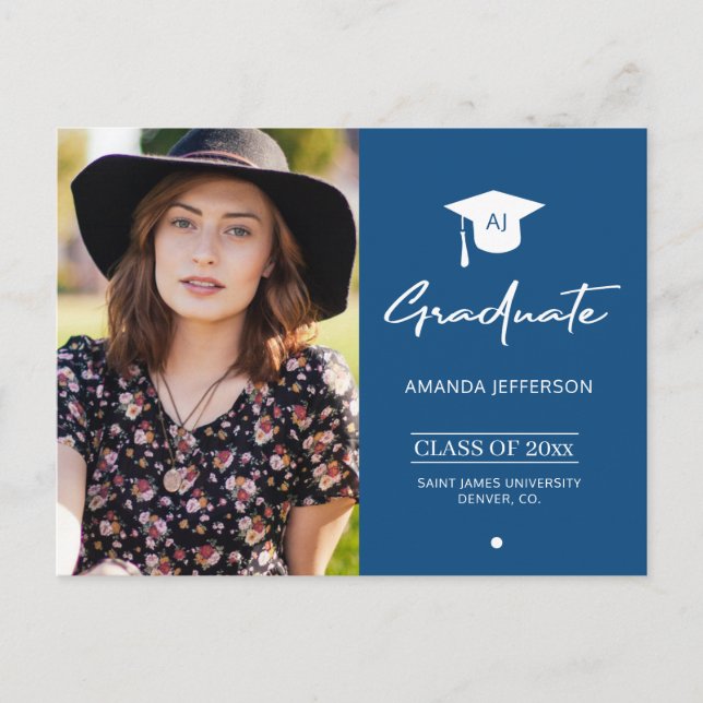 Elegante invitación para graduación de foto azul d (Anverso)