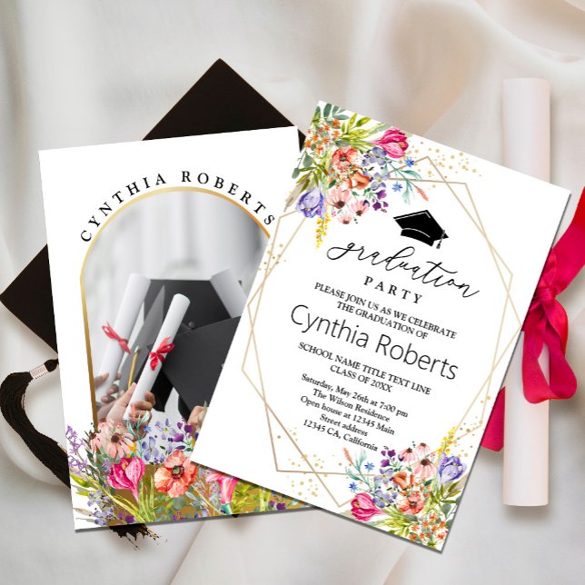 Elegante invitación para graduación de Wildflowers (watercolor flowers in shades of pink and purple, yellow in rustic garden greenery. #graduationparty )