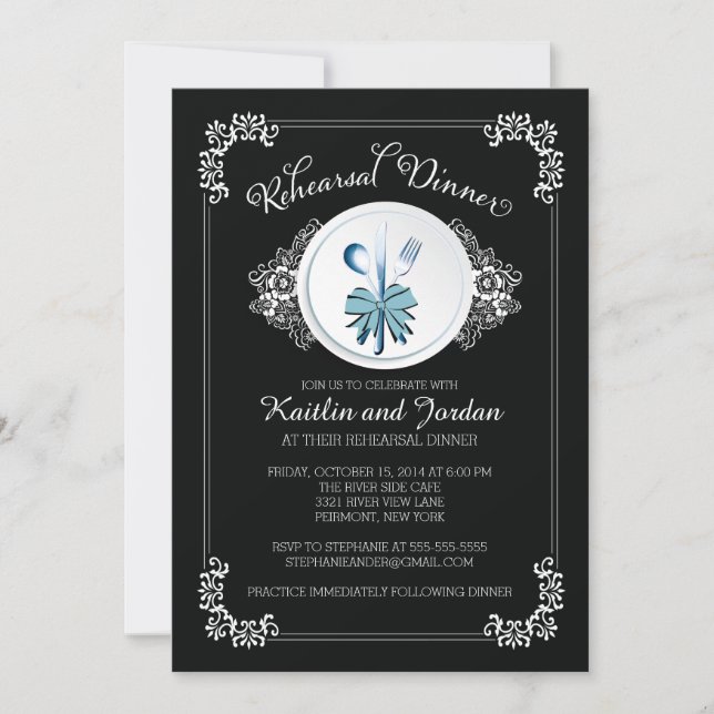 Elegante invitación para la cena de ensayo negro (Anverso)