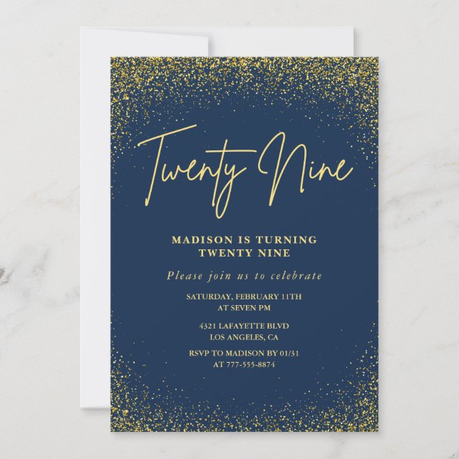 Elegante invitación por 29 años Purpurina de la Ma (Anverso)