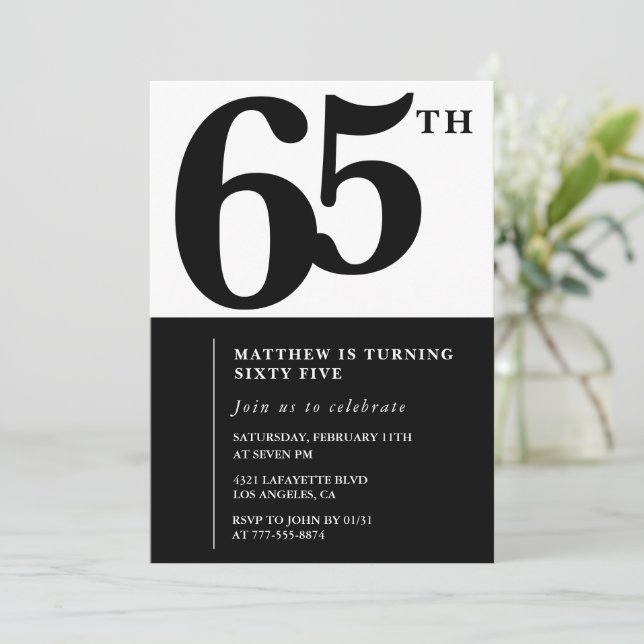 Elegante invitación por 65 años Moda negra moderna (Anverso de pie)