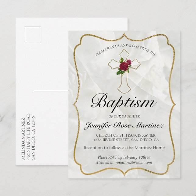 Elegante Invitación postal de Baptismo de Oro de M (Anverso / Reverso)
