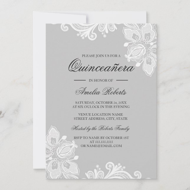 Elegante invitación Quinceanera de encaje gris bla (Anverso)
