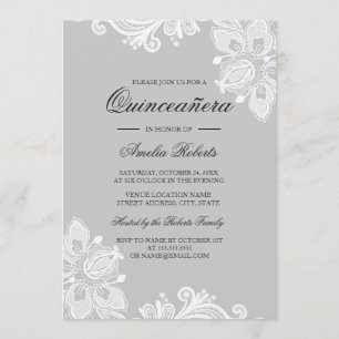 Elegante invitación Quinceanera de encaje gris bla