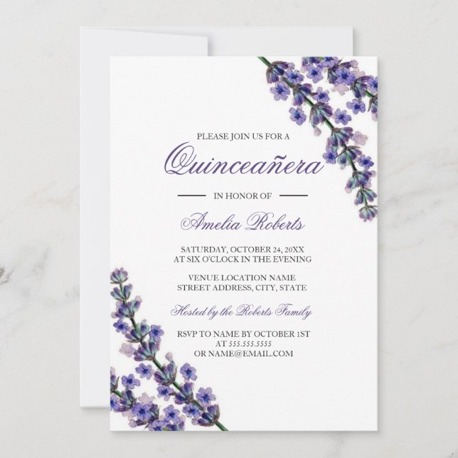 Elegante Invitación Quinceanera de Lavanda Púrpura (Anverso)