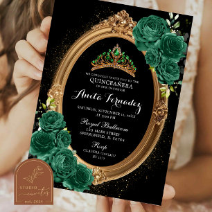 Elegante Invitación Quinceañera Negro Verde Esmera