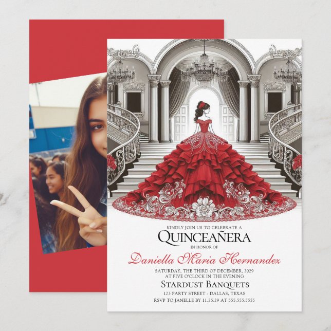 Elegante Invitación Red Quinceañera (Anverso / Reverso)