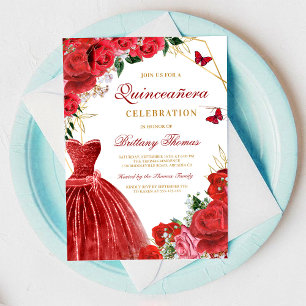 Elegante Invitación Roja Floral para Quinceañera