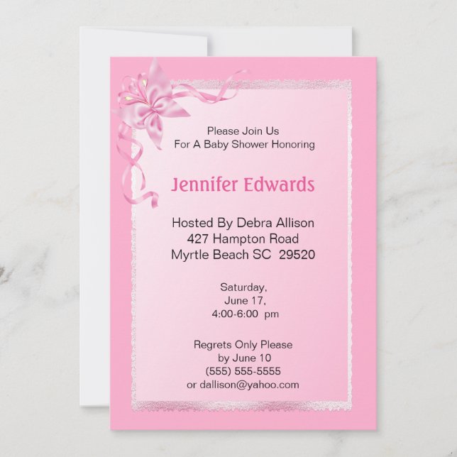 Elegante invitación rosa de Baby Shower (Anverso)