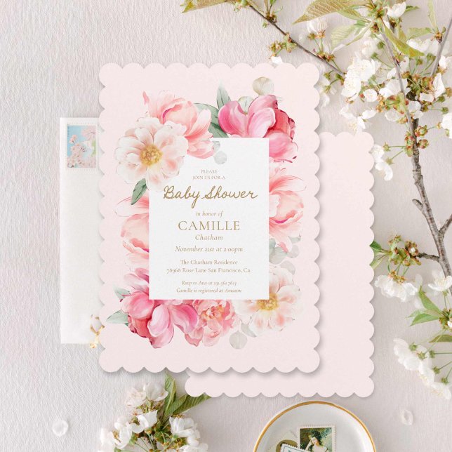 Elegante invitación rosa de Baby Shower (Elegant Watercolor Pink floral Baby Shower Invitation)