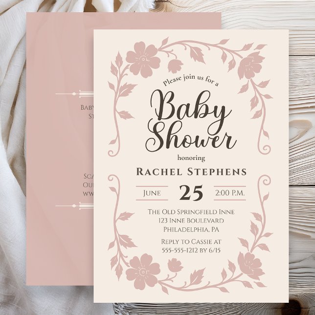 Elegante Invitación Rosada para Baby Shower Botáni (Elegant botanical baby shower invitation with soft blush floral frame on neutral background )
