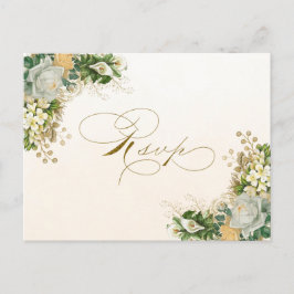 Elegante Invitación RSVP de Boda de Oro Floral Bla