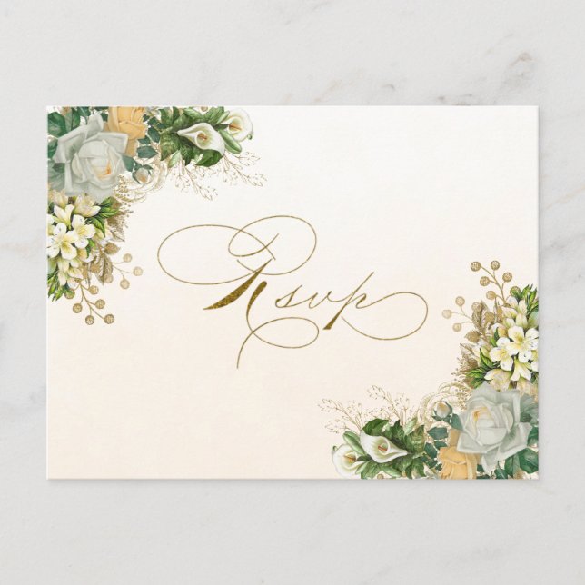 Elegante Invitación RSVP de Boda de Oro Floral Bla (Anverso)