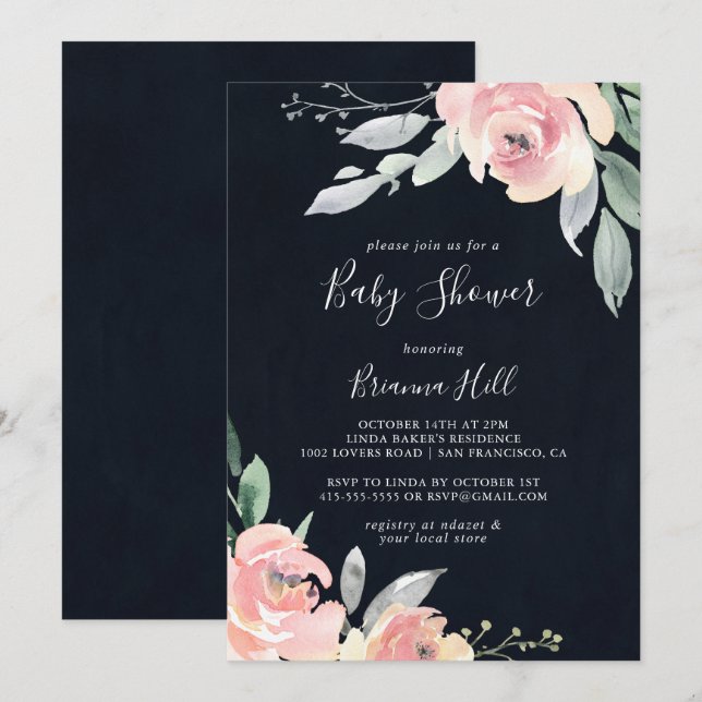 Elegante invitación Rubor Floral Baby Shower rosa (Anverso / Reverso)