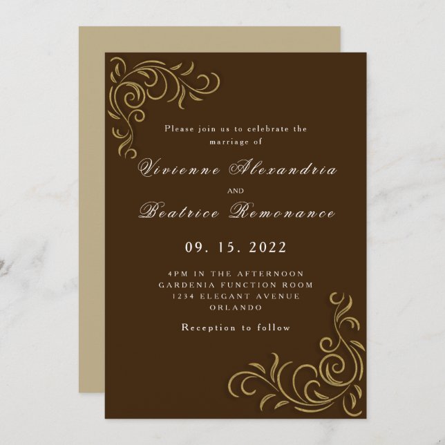 Elegante invitación rústica de boda de oro (Anverso / Reverso)