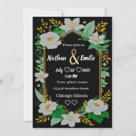 Elegante invitación rústica de oro negro y verde