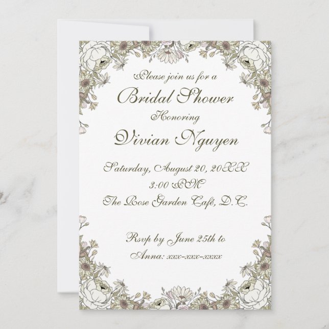 Elegante Invitación Rústica Floral Bridal Shower (Anverso)