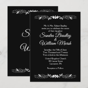 Elegante invitación simple a la boda blanca y negr
