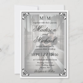 Elegante invitación simple a la boda blanca y negr