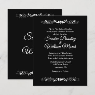 Elegante invitación simple a la boda blanca y negr