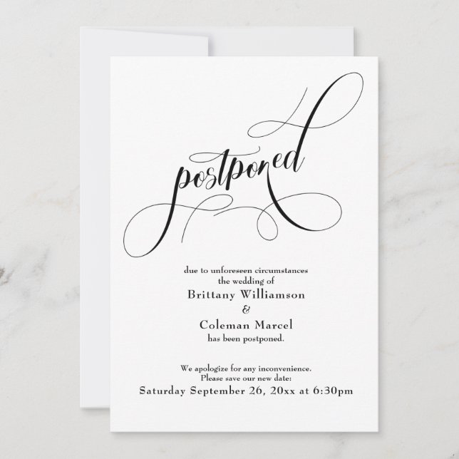 Elegante Invitación simple y pospuesta de Boda (Anverso)