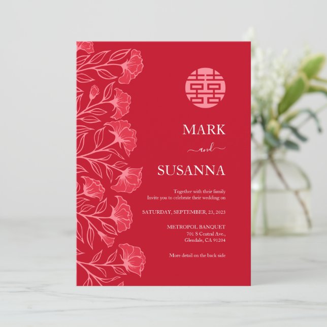 Elegante invitación tradicional de boda china (RED (Anverso de pie)