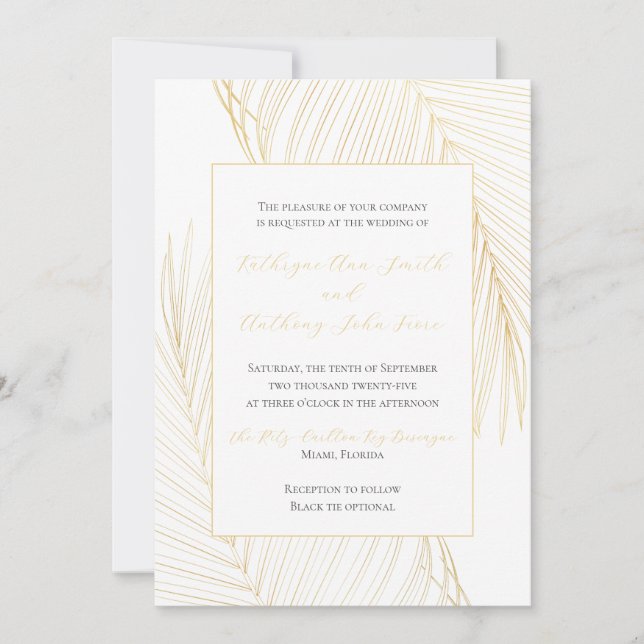 Elegante Invitación Tropical Beach Wedding Gold (Anverso)