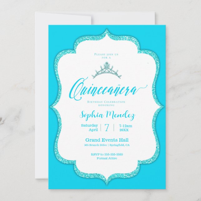 Elegante Invitación Turquesa Quinceanera (Anverso)