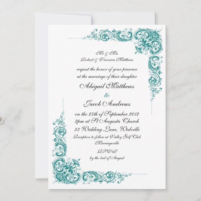 Elegante Invitación Verde azulada De Boda Blanca Y (Anverso)