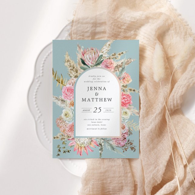 Elegante invitación Verde azulada de bohemia flora (Subido por el creador)
