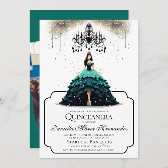 Elegante invitación Verde azulada de Quinceañera (Anverso / Reverso)