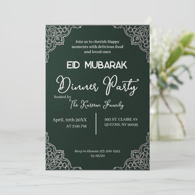 Elegante invitación verde oscuro para EID MUBARAK (Anverso de pie)
