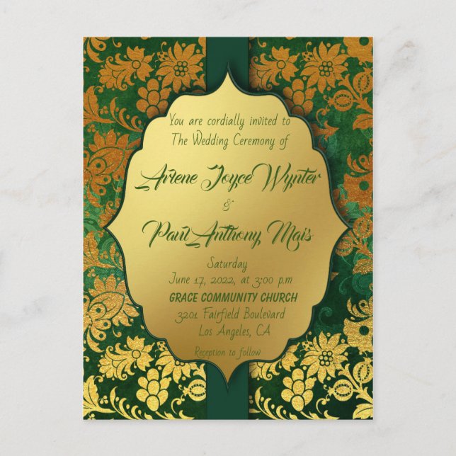 Elegante Invitación verde y dorada (Anverso)