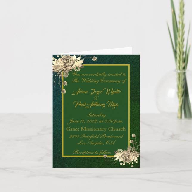 Elegante Invitación verde y dorada (Anverso)