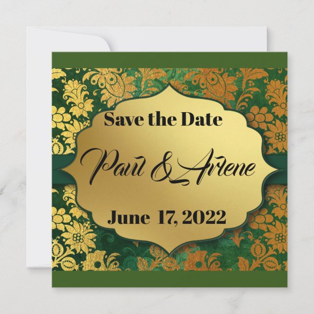 Elegante Invitación verde y dorada (Anverso)