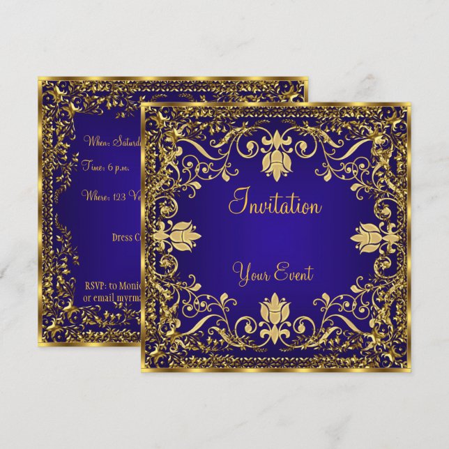 Elegante invitación vintage azul real y dorado (Anverso / Reverso)
