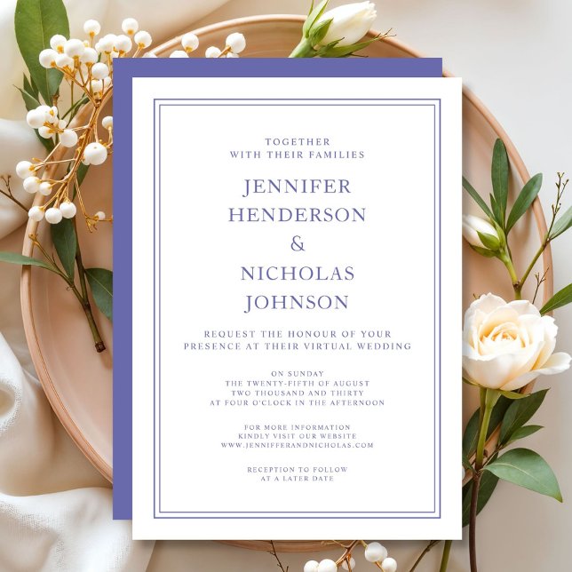Elegante Invitación Virtual de Boda Clásica Morada (Elegant Classic Purple & White Virtual Wedding Inv Invitation)