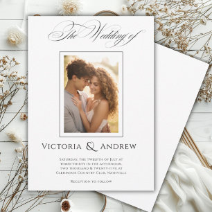Elegante invitación y foto de la boda blanca y neg