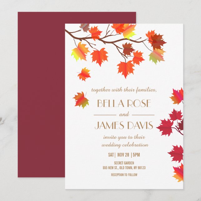 Elegante Invitaciones a la Boda Borgoña Caída (Anverso / Reverso)