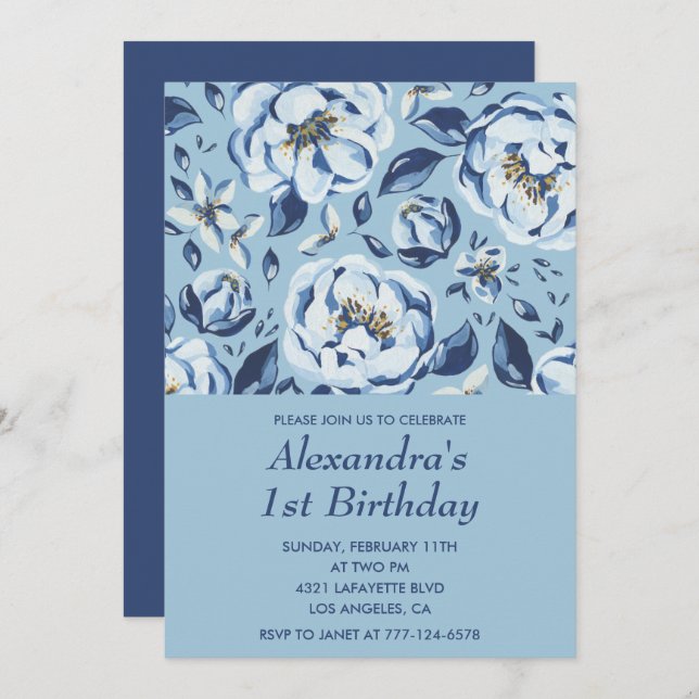 Elegante invitaciones de 1º cumpleaños Floral Blue (Anverso / Reverso)
