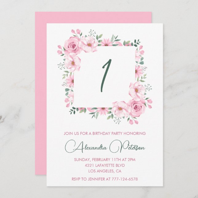 Elegante invitaciones de 1º cumpleaños Floral Pink (Anverso / Reverso)