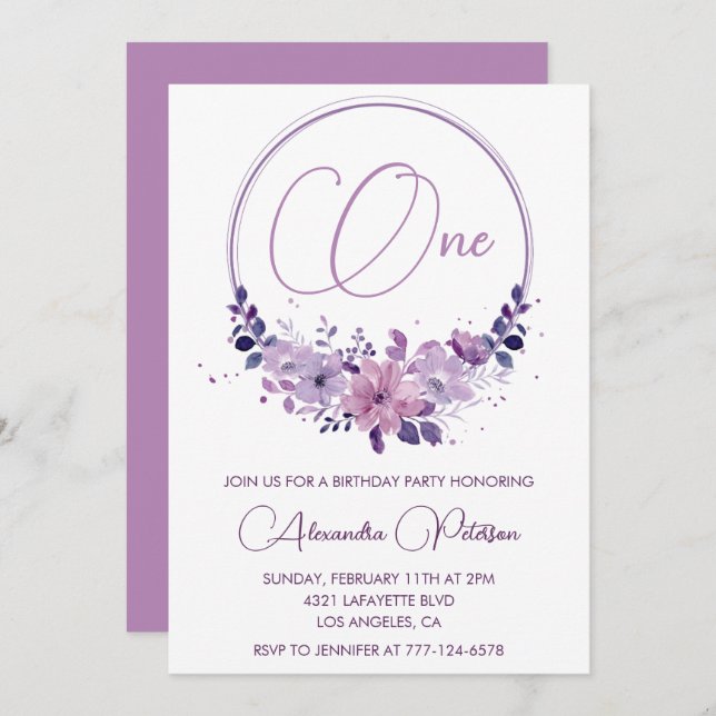 Elegante invitaciones de 1º cumpleaños Floral Purp (Anverso / Reverso)