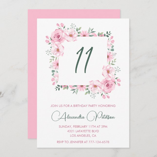 Elegante invitaciones de 11 años Floral Pink (Anverso / Reverso)
