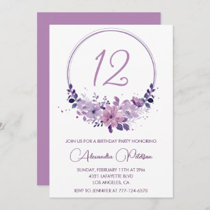 Elegante invitaciones de 12 años Floral Purple