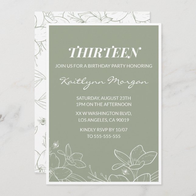 Elegante invitaciones de 13 años Floral Green (Anverso / Reverso)