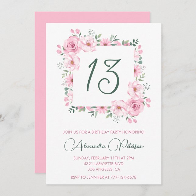 Elegante invitaciones de 13 años Floral Pink (Anverso / Reverso)