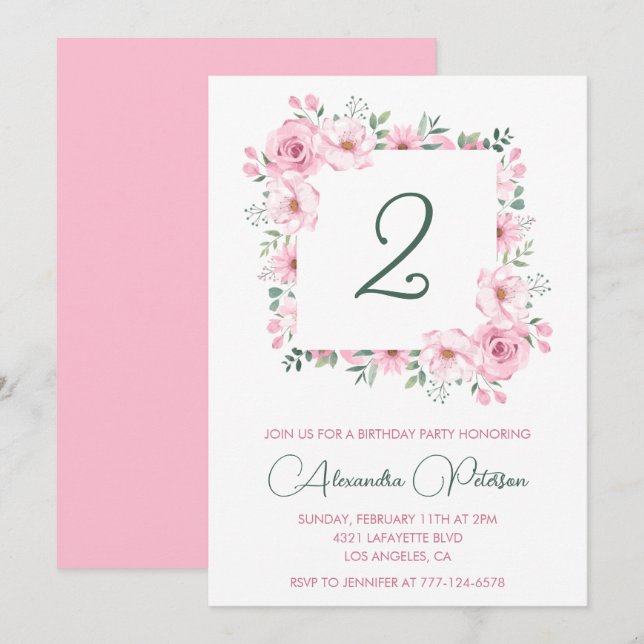 Elegante invitaciones de 2º cumpleaños Floral Pink (Anverso / Reverso)