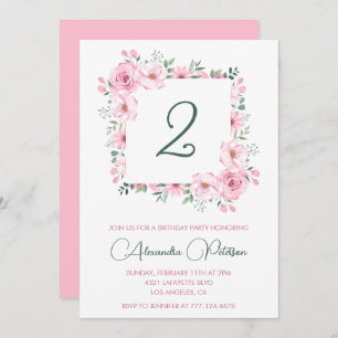 Elegante invitaciones de 2º cumpleaños Floral Pink